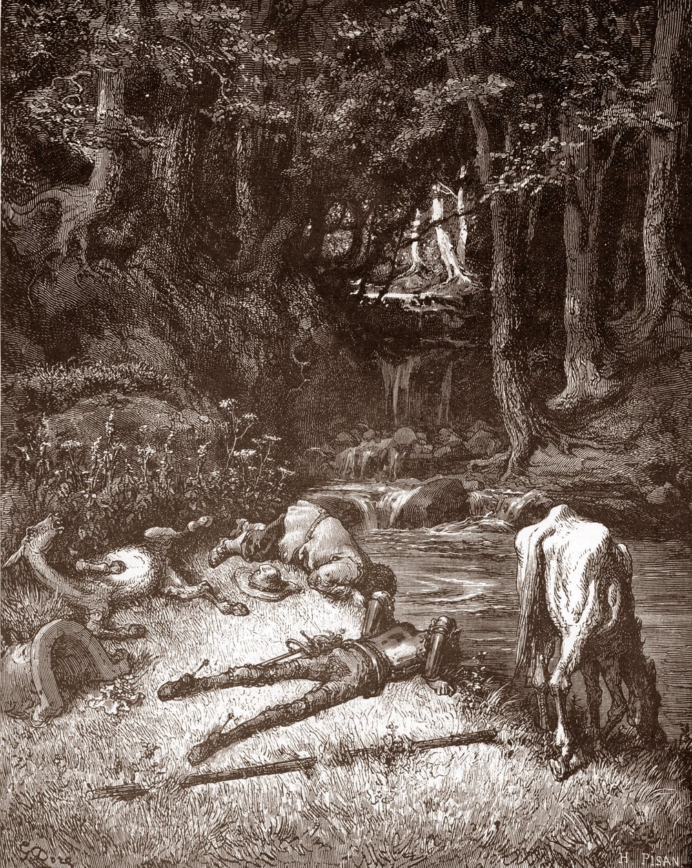 Don Quijote és Sancho Panza felfrissíti őket egy pataknál Gustave Dore (1832-1883) metszet a „L