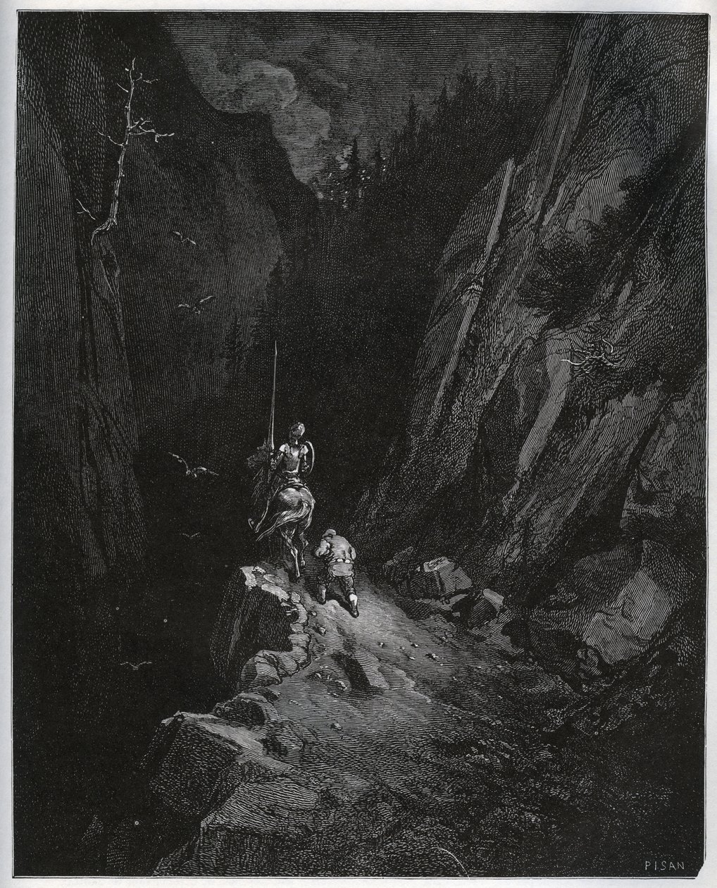 Don Quijote és Sancho Panza Sierra Morenába süllyed – Miguel Cervantes (1547-1616) „Don Quijote de la Mancha” című művéből (Don Quijote) – Fametszet Gustave Dore rajza alapján alkotó: Gustave Dore