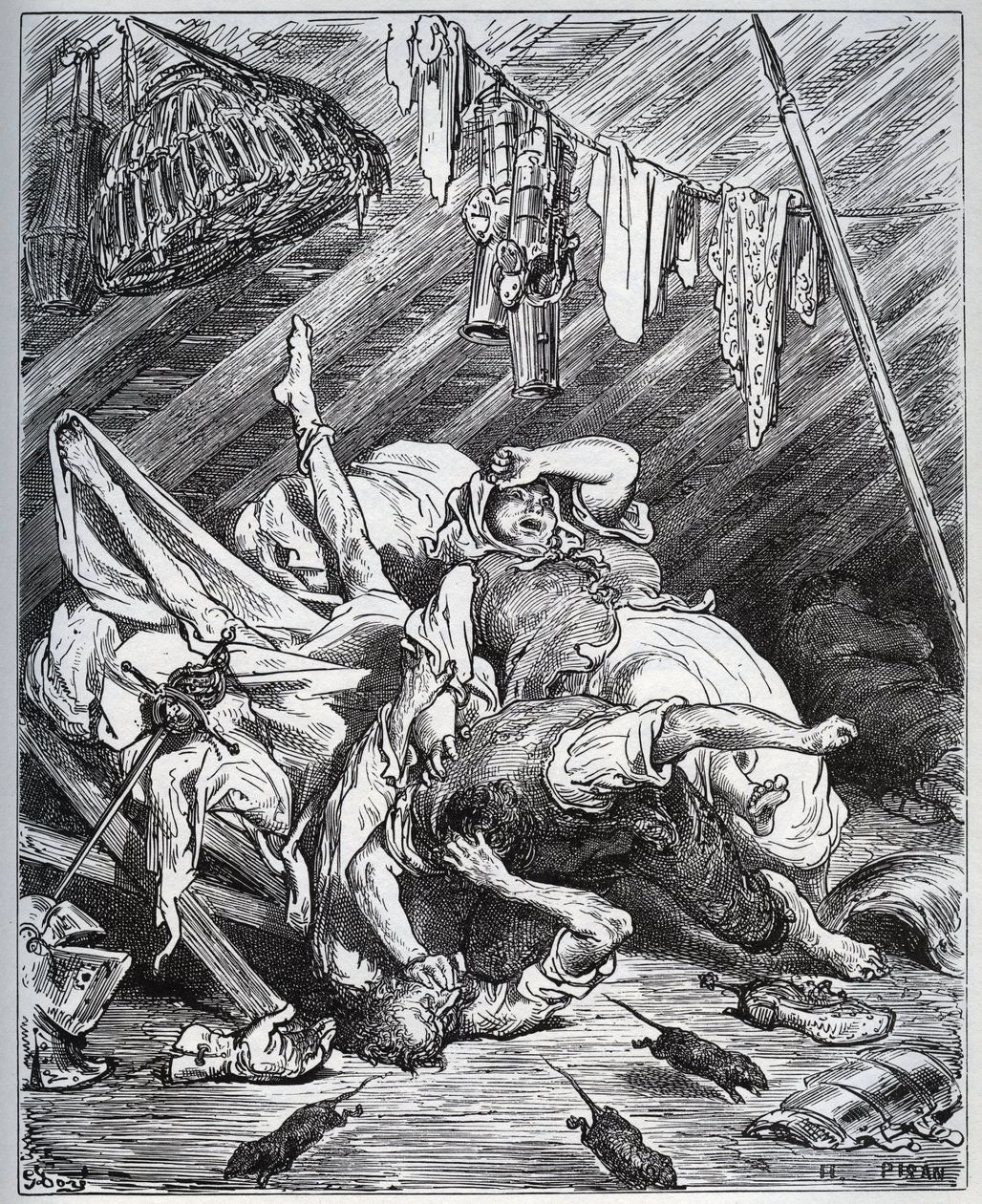 Don Quijote és egy öszvérkészítő, aki Maritornesért harcol, a házvezetőnőért, akit Don Quijote a Dulcinee-jéért vesz – Miguel Cervantes (1547-1616) „Don Quijote de la Mancha” című művéből (Don Quijote) – Fametszet Gustave Dore rajza alapján alkotó: Gustave Dore