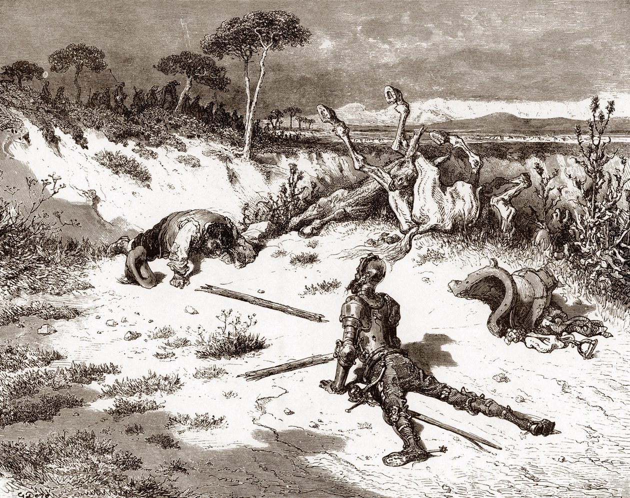 Don Quijote és Sancho Panza az őrökkel és bűnözőkkel vívott verekedés után Gustave Dore (1832-1883) metszete Miguel de Cervantes (1547-1616) „L