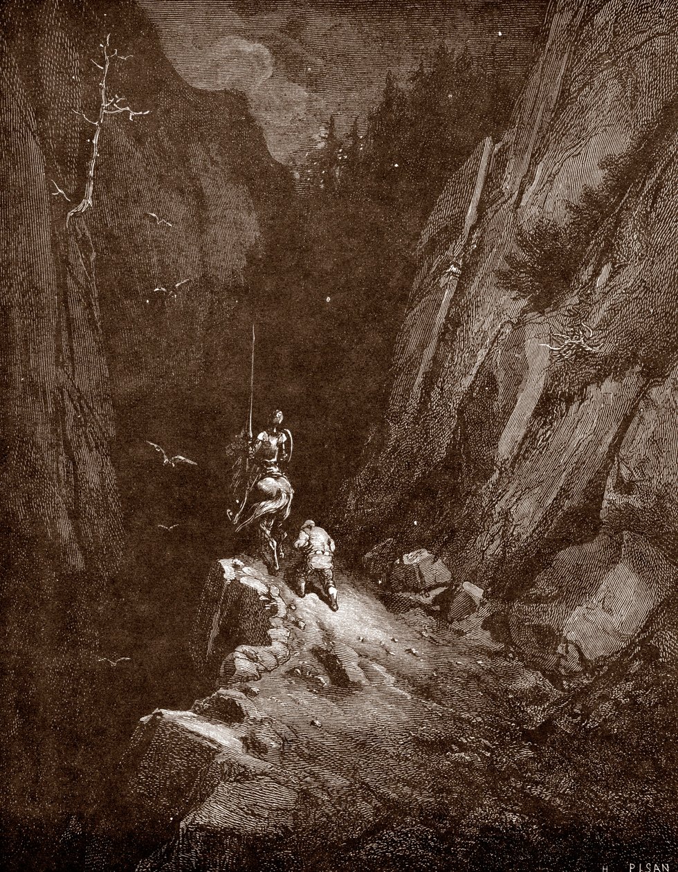 Don Quijote és Sancho Panza a Sierra Morena szívében Gustave Dore (1832-1883) metszete „A La Manche-i leleményes Don Quijote (Quixote – Quijote)” címmel, Miguel de Cervantes (1547-1616) 1863-as magángyűjtemény alkotó: Gustave Dore