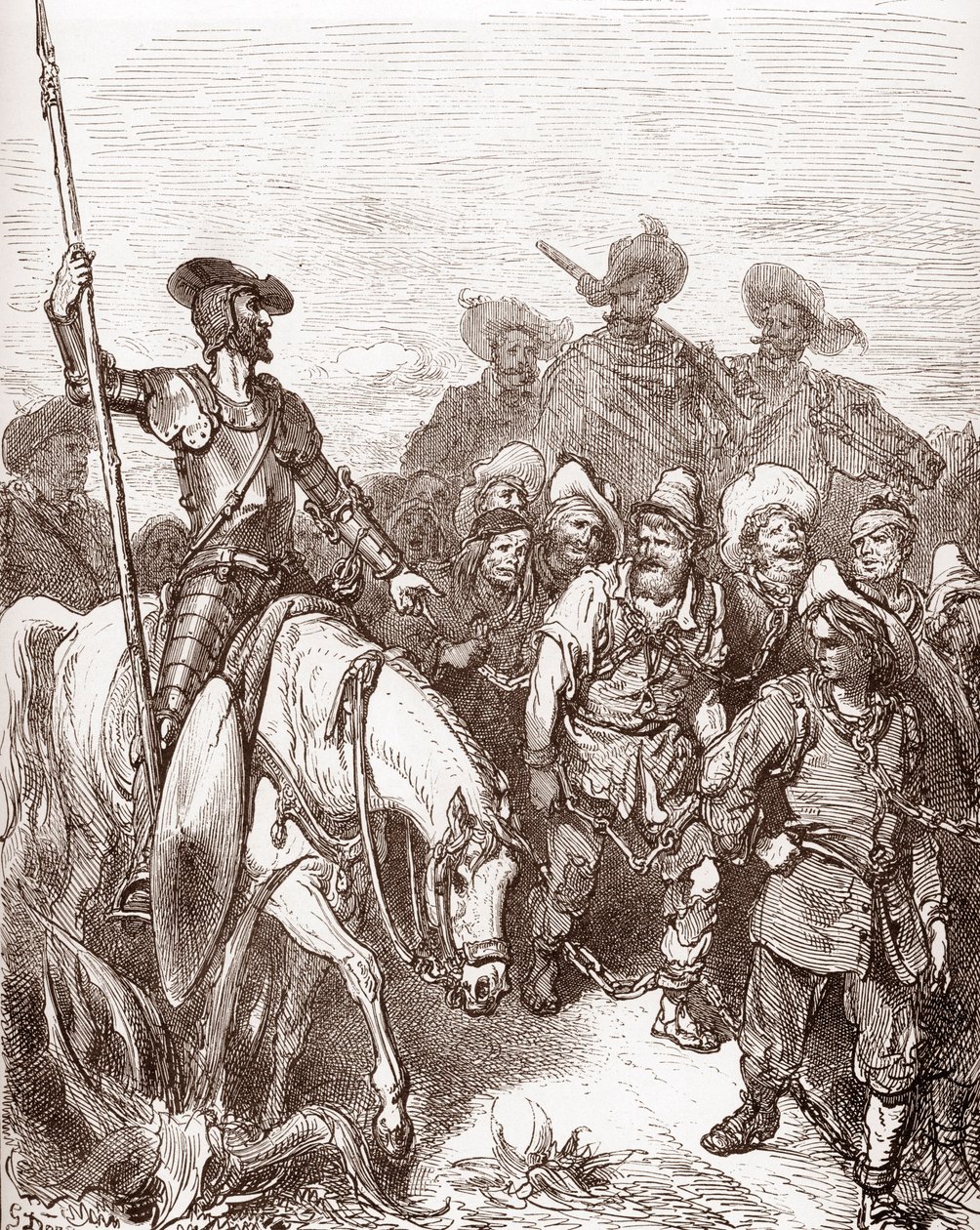 Don Quijote és Sancho Panza kihallgatja a bûnözõket, akiket a gályákhoz vezetnek. Gustave Dore (1832-1883) metszete Miguel de Cervantes (1547-1616) „L
