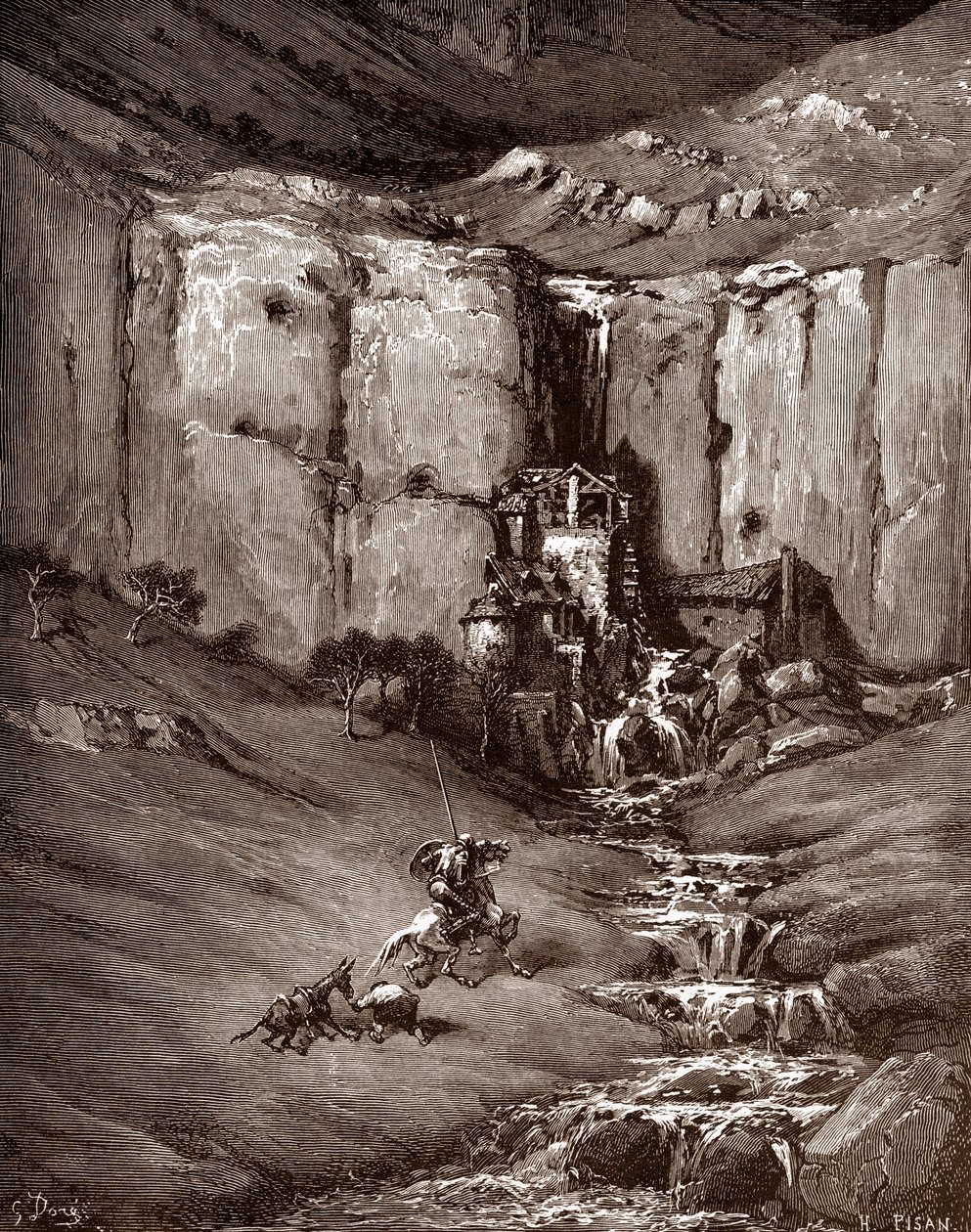 Don Quijote és Sancho Panza vízesést és zajos hodályokat lát (Don Quijote és sancho Panza vízesést és zajos hodályokat lát) Gustave Dore (1832-1883) metszete „The Ingenieux Hidalgo Don Quijote de la Mancha (Quixotte – Quijote)” című könyvéhez Miguel de Cer alkotó: Gustave Dore
