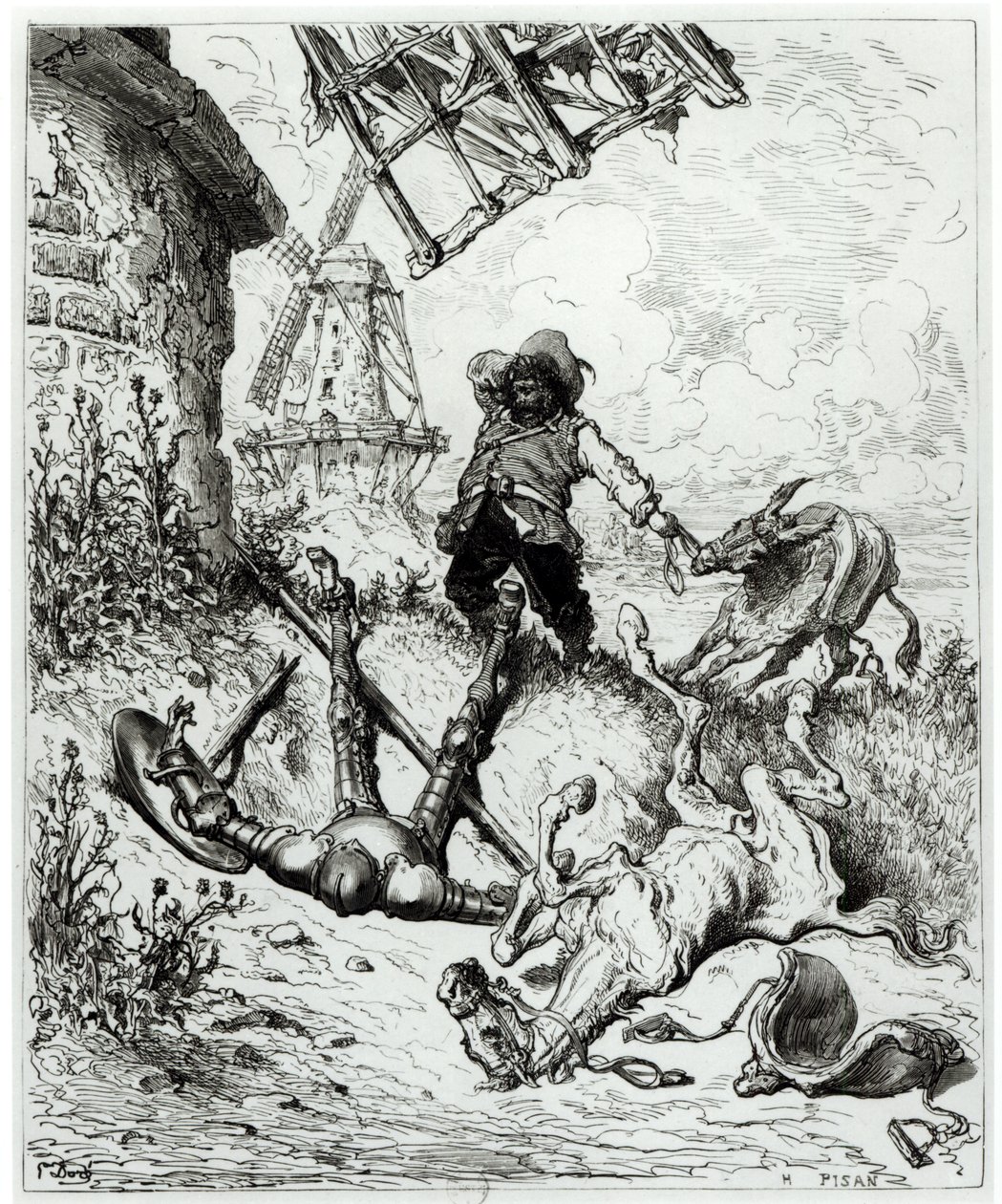 Don Quijote és a szélmalmok, Miguel Cervantes (1547-1616) "Don Quijote de la Mancha" című művéből, Heliodore Joseph Pisan (1822-90) metszete. alkotó: Gustave Dore