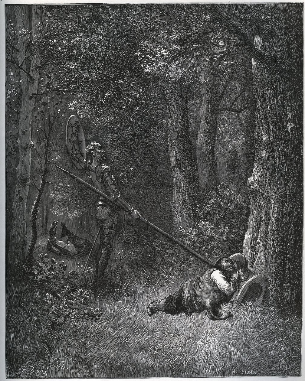 Don Quijote felébreszti Sancho Panzát – Miguel Cervantes „Don Quijote de la Mancha” című filmjéből alkotó: Gustave Dore