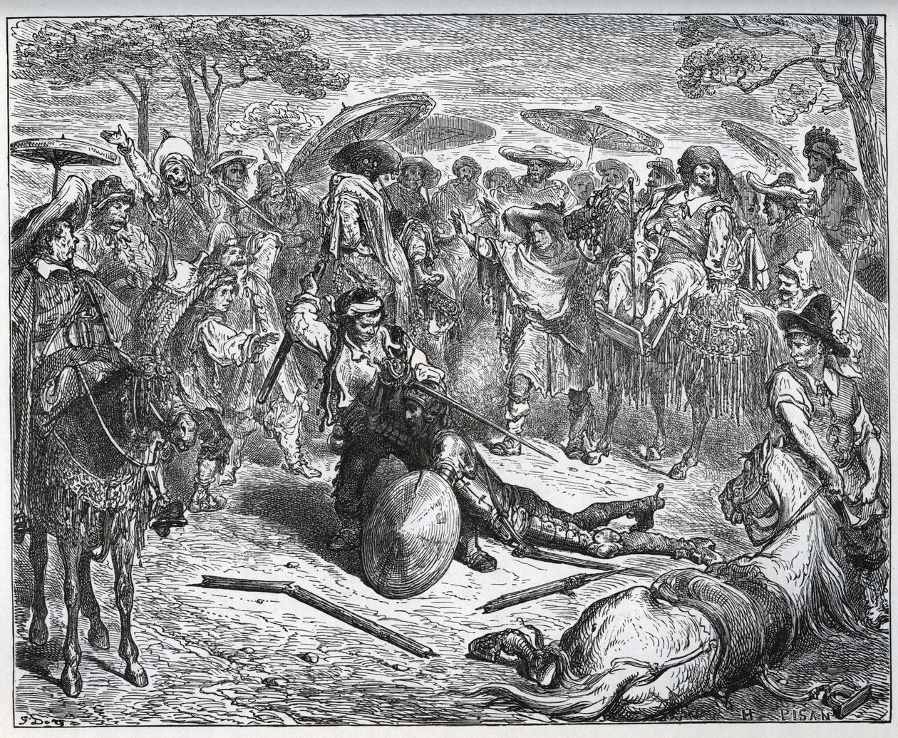 Don Quijote megverték egy kereskedőcsoport közepén – Az öszvérkészítő belekóstolt a játékba – Miguel Cervantes „Don Quijote de la Mancha” című művéből alkotó: Gustave Dore