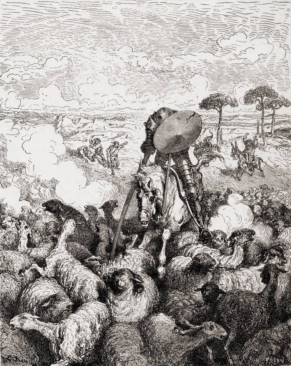 Don Quijote a birkacsordával küzd, a Die Gartenlaube-ból, kocsmából. 1905 alkotó: Gustave Dore