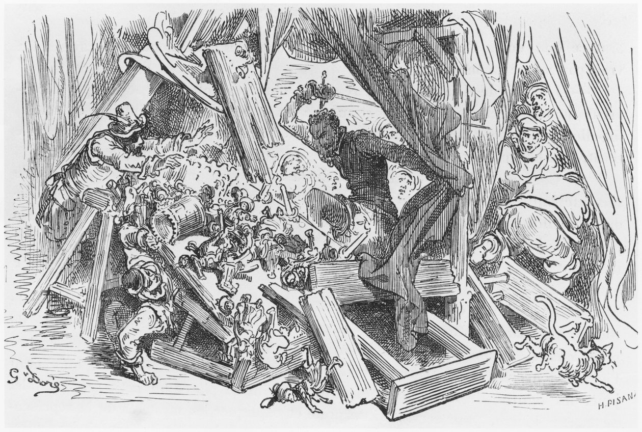 Don Quijote harcol a bábokkal, Miguel Cervantes (1547-1616) "Don Quijote de la Mancha" című illusztrációja, Heliodore Joseph Pisan (1822-90) metszete alkotó: Gustave Dore