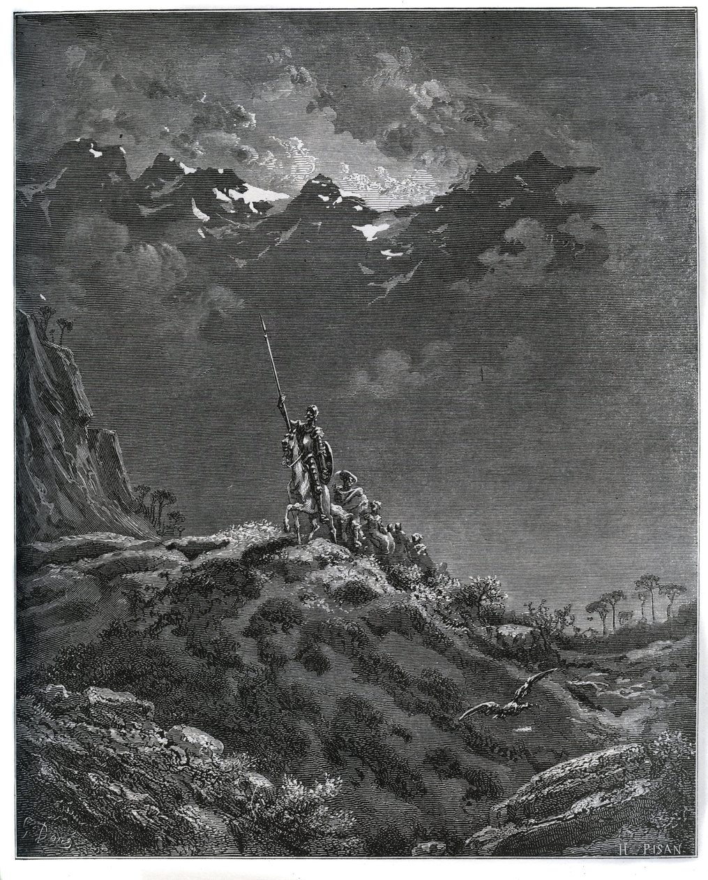 Don Quijote küldetésbe megy Dorothee-ért, Sancho Panza borbély, Dorothee gyógyító és Cardenio kíséretében – Miguel Cervantes (1547-1616) „Don Quijote de la Mancha” című művéből (Don Quijote) – Fametszet Gustave Dore rajza alapján alkotó: Gustave Dore