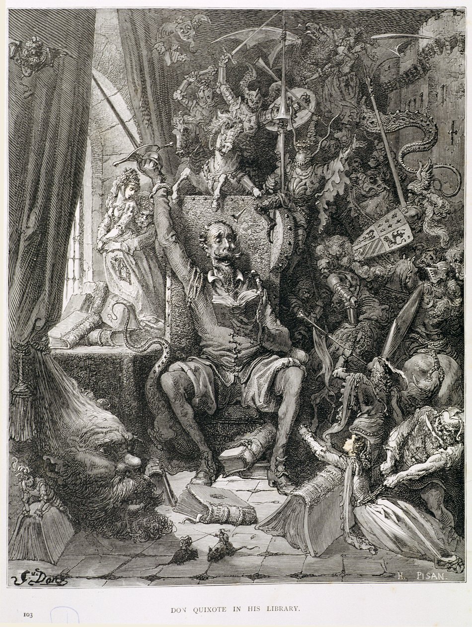 Don Quijote a könyvtárában, metszett: Heliodore Joseph Pisan (1822-90) 1868 körül alkotó: Gustave Dore