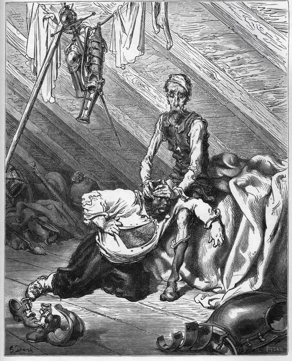 Don Quijote ráveszi Sancho Panzát, hogy megkóstolja az értékes érzékbalzsamot, hogy mindkettejüket meggyógyítsa minden bajból – Miguel Cervantes „Don Quijote de la Mancha” című művéből alkotó: Gustave Dore