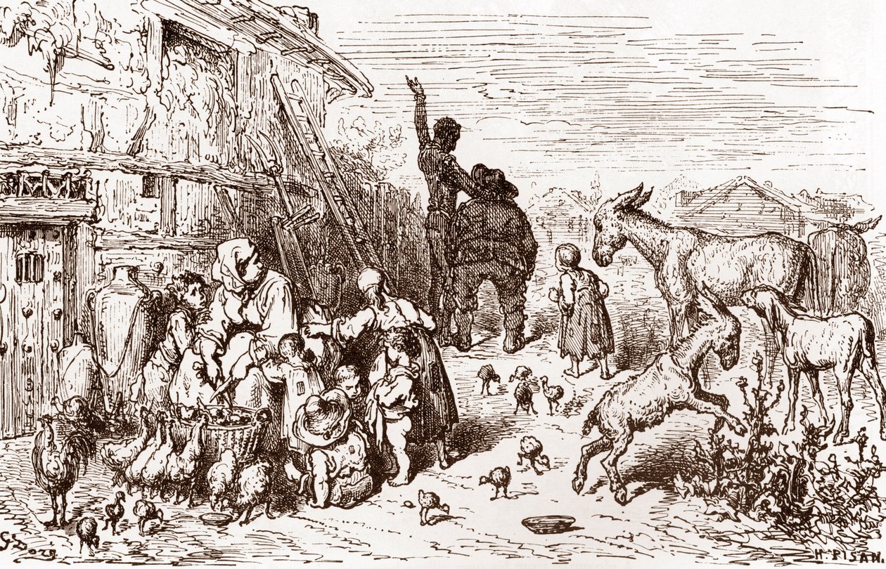 Don Quijote ráveszi szomszédját, Sancho Panzát, hogy legyen a mestere. Gustave Dore (1832-1883) metszete Miguel de Cervantes (1547-1616) „L