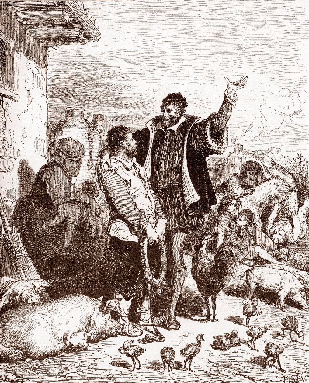 Don Quijote ráveszi szomszédját, Sancho Panzát, hogy legyen a birtokosa azzal, hogy megígéri, hogy egy meghódított sziget kormányzójává teszi. Gustave Dore (1832-1883) metszet a „L