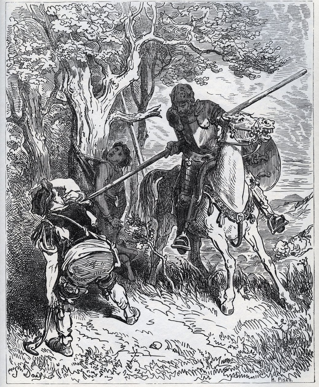 Don Quijote az ifjú inas oldalára áll – „A minket körülvevő nap által, nem tudom, ki akadályoz meg abban, hogy a pengémet a testen keresztül vessem” – Miguel Cervantes (1547) „Don Quijote de la Mancha” című részéből. 1616) (Don Quijote) - Fametszet Gusta r alkotó: Gustave Dore