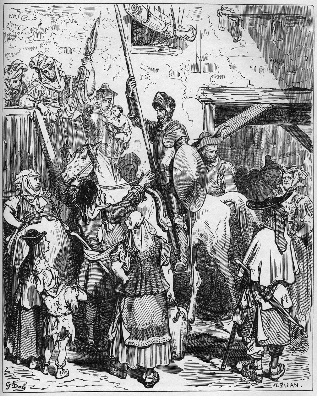 Don Quijote úgy gondolta, hogy hasznot húz egy úr vendégszeretetéből, nem volt hajlandó fizetni a szállásadónak – Miguel Cervantes (1547-1616) „Don Quijote de la Mancha” című művéből (Don Quijote) – Fametszet Gustave Dore rajza alapján alkotó: Gustave Dore
