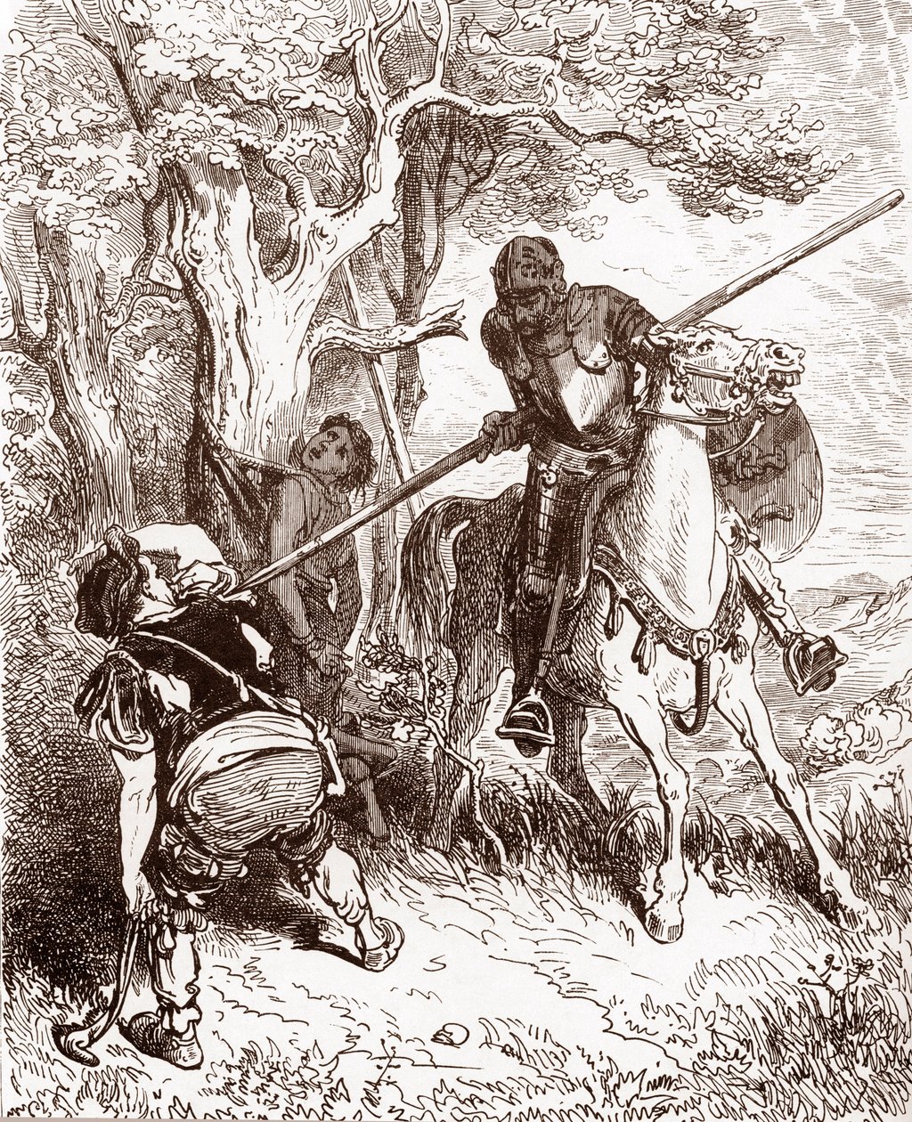 Don Quijote megfenyegeti a parasztot, aki a pásztorfiút szállította. Gustave Dore (1832-1883) metszetei Miguel de Cervantes (1547-1616) „L