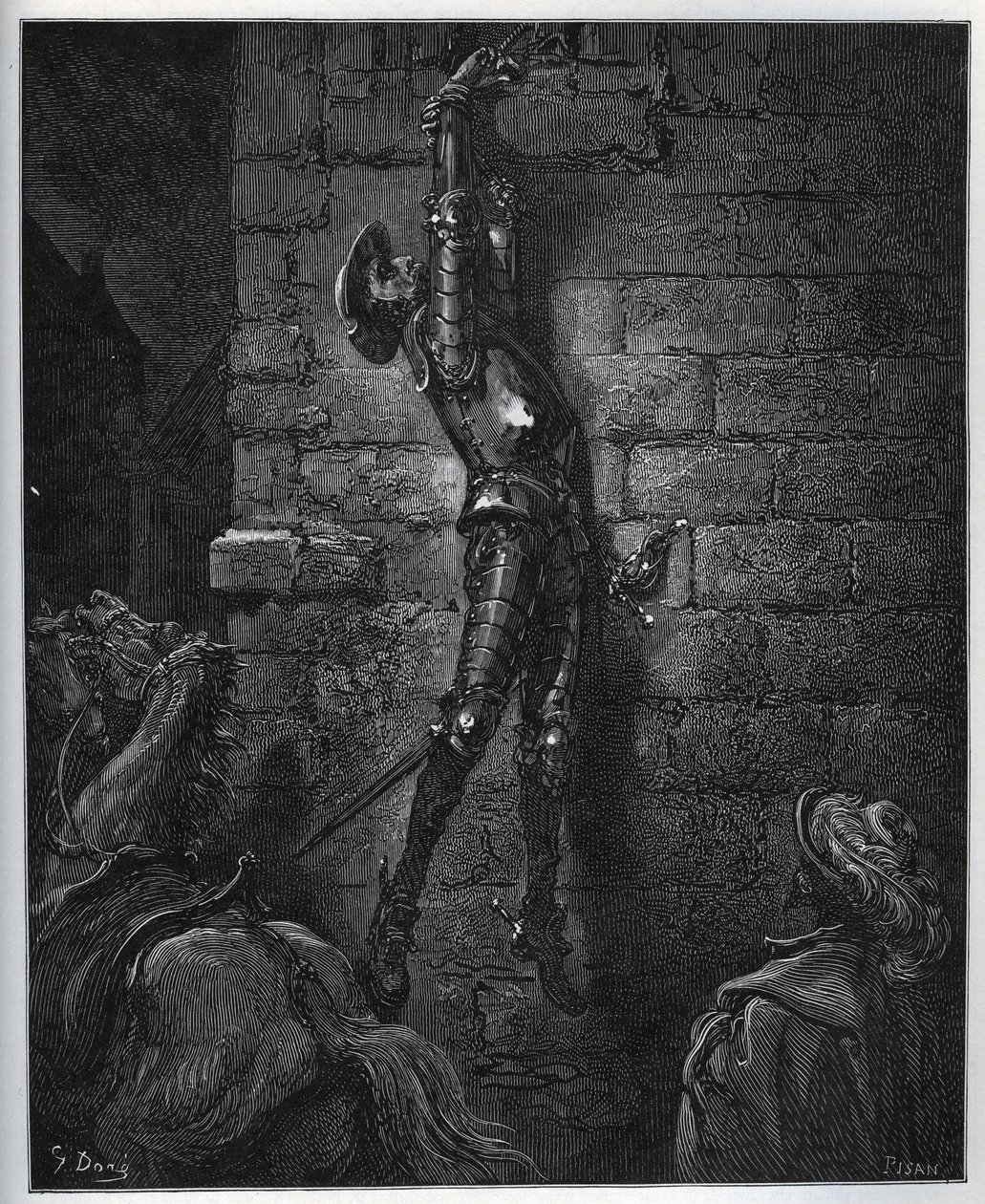 Don Quijote, akit a fogadós lánya és Maritornes csapdába ejtettek, az ablakon felfüggesztve. - Miguel Cervantes (1547-1616) „Don Quijote de la Mancha”-ból (Don Quijote) - Fametszet Gustave Dore rajza alapján alkotó: Gustave Dore