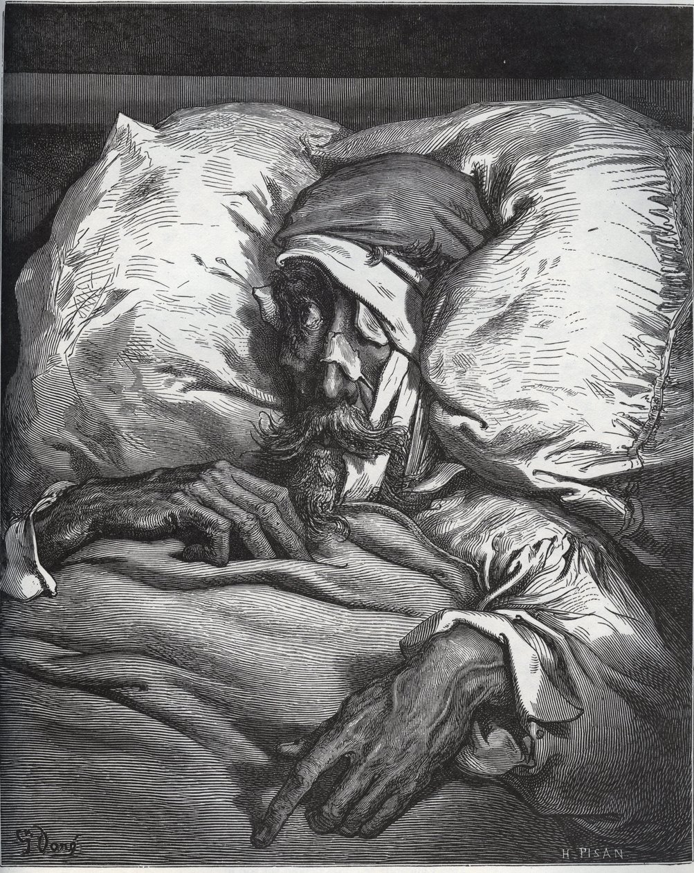 Don Quijote megsebesült – Miguel Cervantes (1547-1616) „Don Quijote de la Mancha” című művéből (Don Quijote) – Fametszet Gustave Dore rajza alapján alkotó: Gustave Dore