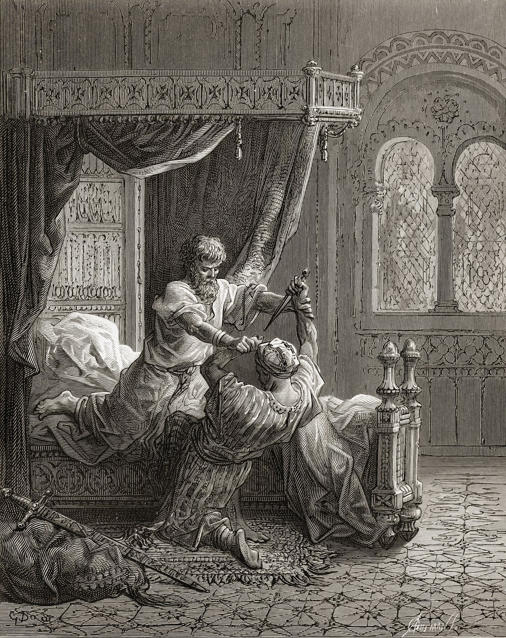 Az angol I. Edward (1239-1307) 1272 júniusában megöli a maga bérgyilkosát, a „Bibliotheque des Croisades” illusztrációja J-F. Michaud, 1877 alkotó: Gustave Dore