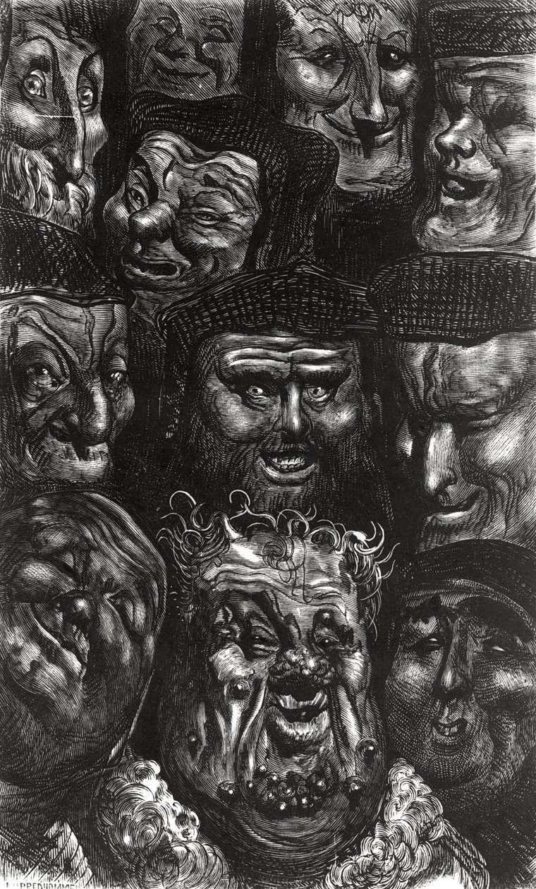 Tizenegy groteszk arc Honore de Balzac (1799-1850) Les Contes Drolatiques című művéből, Predhomme metszete alkotó: Gustave Dore