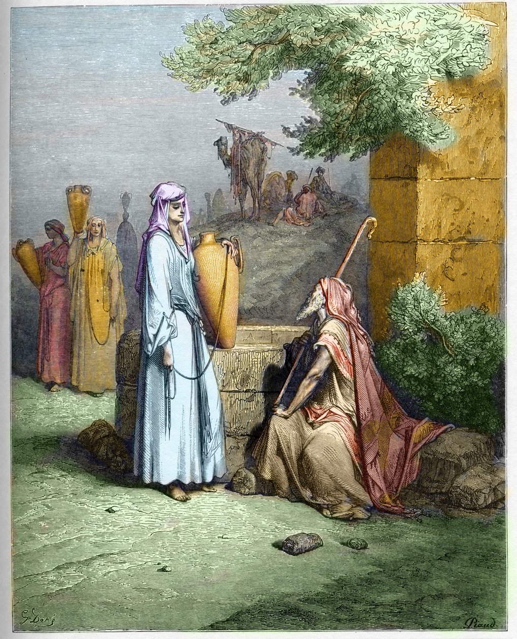 Eliézer és Rebeka – Eliézernek, Ábrahám szolgájának Rebeka – Eliezer és Rebecca – megkínál egy italt vízzel – Gustave Dore (1832-1883) „The Bible illustree”-be vésve – Metszet „A Dore Bibliából” alkotó: Gustave Dore