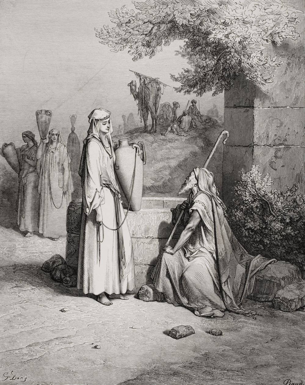 Eliézer és Rebeka, 1Móz 24:15-21, illusztráció Dore „The Holy Bible” (A Szent Biblia) című művéből, Piaud metszete, 1866 alkotó: Gustave Dore