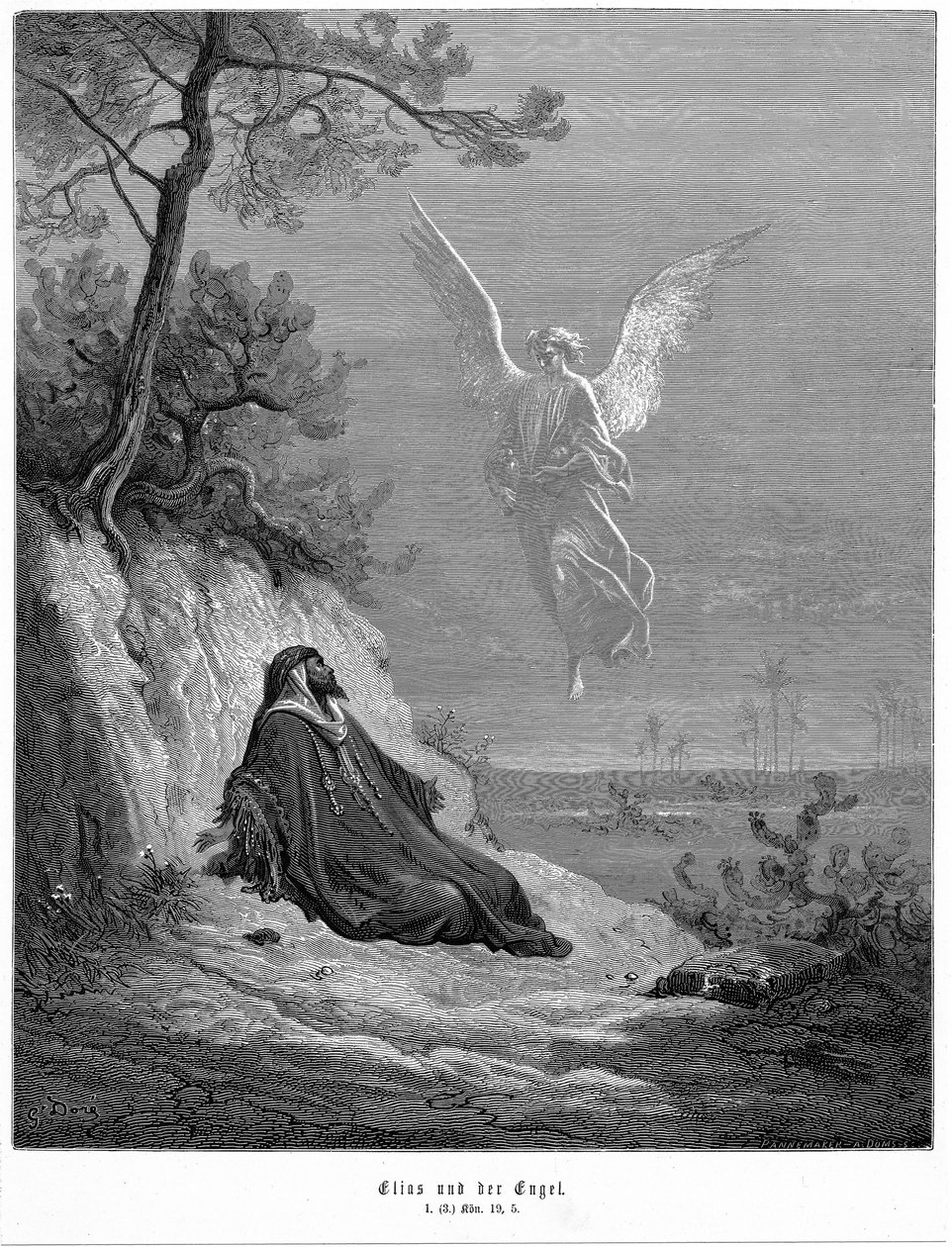 Illés elmegy a vadonba, és azt kéri, hogy haljon meg, de jön egy angyal, és azt mondja neki: "Kelj fel és egyél". Biblia 1 Királyok 19,5. Gustave Dore Bibliából 1865-1856. Fametszet alkotó: Gustave Dore