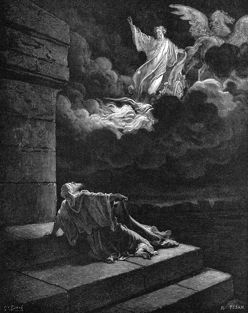 Illés felemelkedése tüzes szekéren alkotó: Gustave Dore