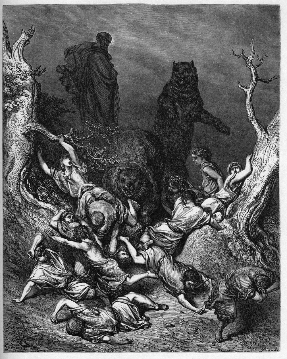 Elisee megátkozza Béthel fiataljait - A medvék által elpusztított Béthel gyermekei - Illés átkozza Béthel fiataljait - Gustave Dore (1832-1883) „The Bible Illustree”-be vésve - Metszet a „Dore Bibliából” alkotó: Gustave Dore