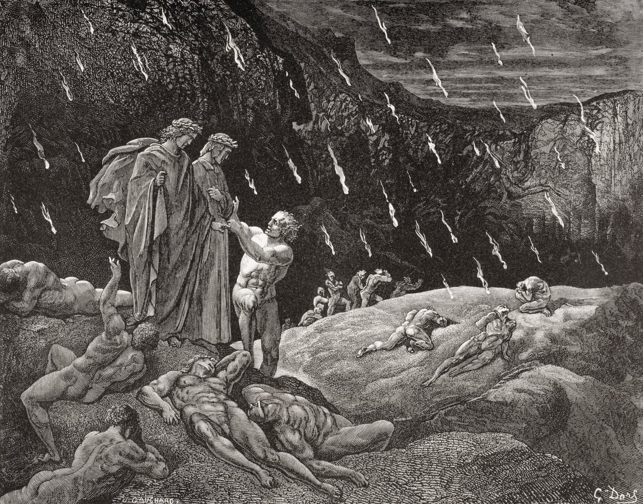 Gustave Dore metszete 1832-1883 francia művész és illusztrátor Dante Alighieri Inferno XV. ének 28. és 29. sorához alkotó: Gustave Dore