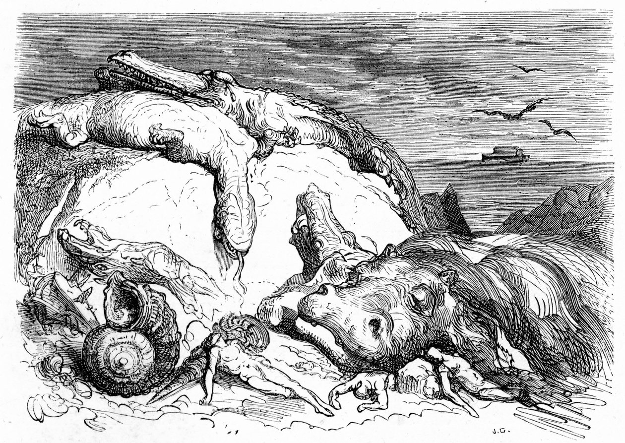 Gustave Dore metszete 1850 körül: egy apokaliptikus özönvíz megidézése, amely ötvözi a bibliai hagyományt (a távolban Noé bárkája látható a tengeren) és a tudományos ismeretek kezdetét (különböző szörnyetegek buktak el a hegyen, a hegyekből előbukkanó alkotó: Gustave Dore