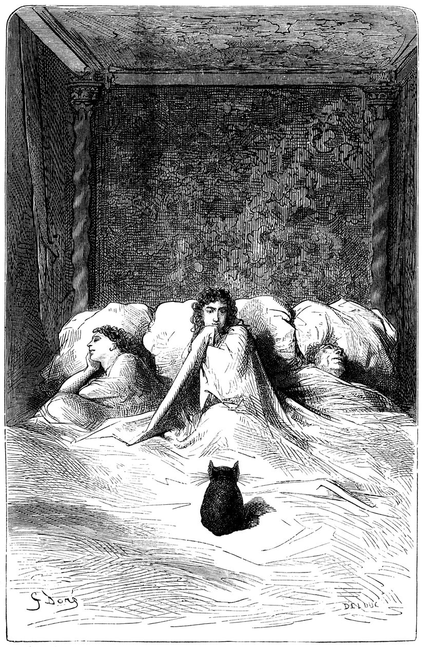 Gustave Dore metszete, amely Theophile Gautier "Fracasse kapitány" című regényét illusztrálja. Charpentier kiadás 1863. Sigognac báró rezidenciáján, a "Chateau de la Misere"-ben egy csapat komédiás talált menedéket. Három színésznő elaludt egy l alkotó: Gustave Dore