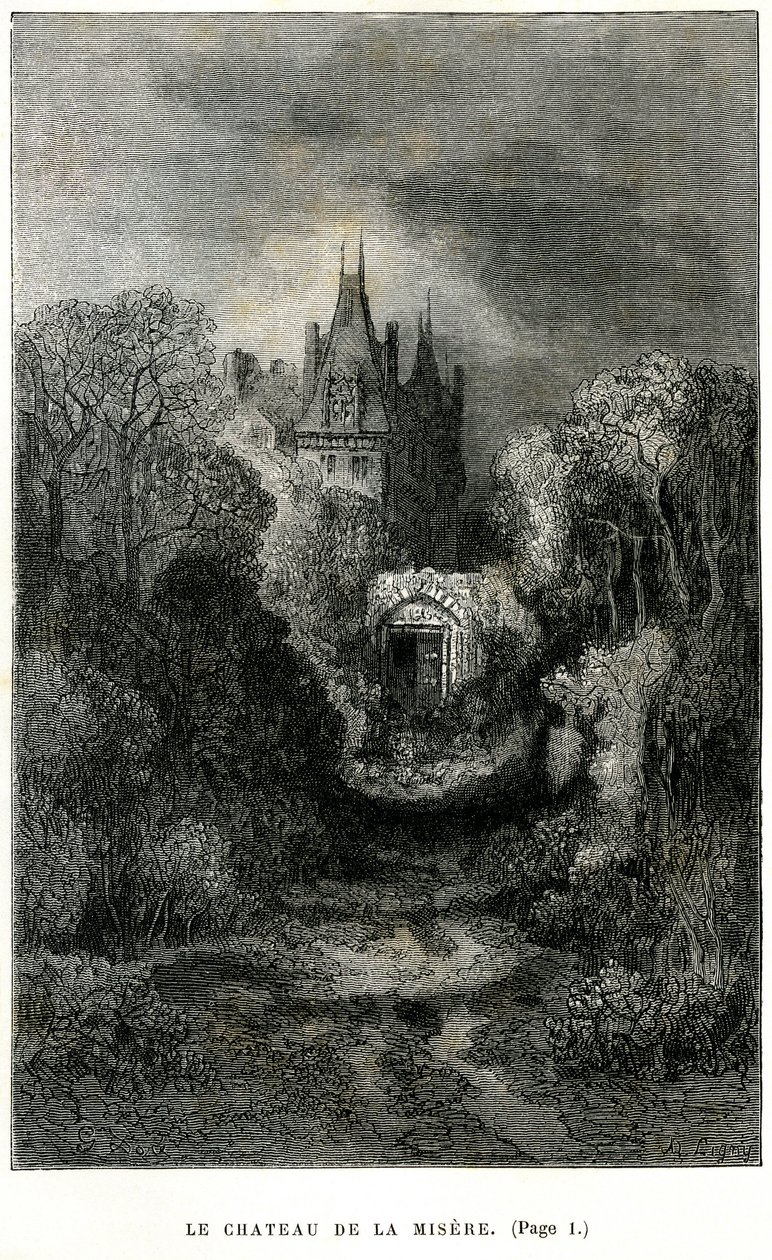 Gustave Dore metszete Theophile Gautier "Fracasse kapitány" című regényének címlapján. Charpentier kiadás 1863. A Chateau de la Misere, Sigognac báró otthona. alkotó: Gustave Dore
