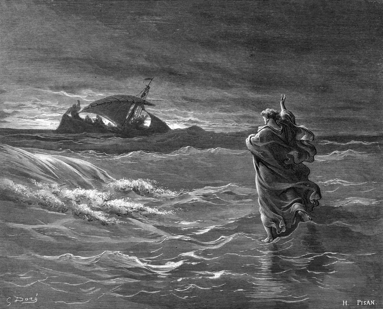 Jézus vízen járását ábrázoló metszet alkotó: Gustave Dore