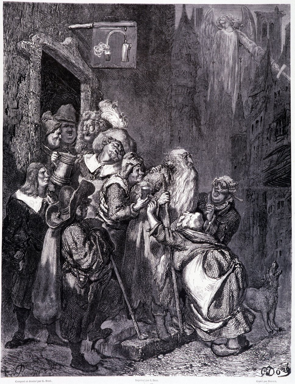 Lépjen be ebbe a fogadóba, IV. tábla – Gustave Dore (1832-1883) illusztrációja, a La legende du Jeif vándorlásához, Pierre Dupont, Librairie du Magasin Picturesque kiadás, Párizs 1862 alkotó: Gustave Dore
