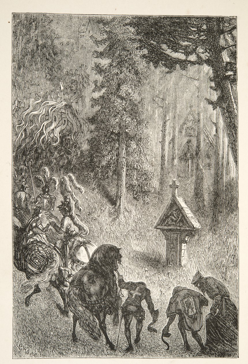 Guenever kísérete a Cameliardból, Charles Henry Hanson Arthur király napjai történeteiből, 1898. alkotó: Gustave Dore