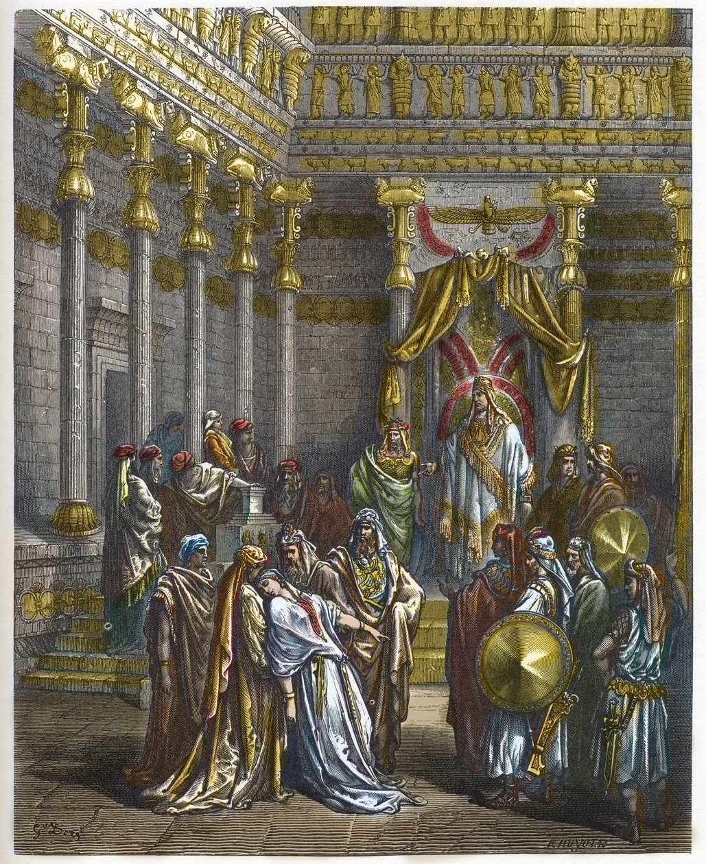 Eszter elájul Perzsia királya előtt, Assuerus 1. (Xerxes 1.) - Eszter királyné elájul Ahasvérus király előtt - - Gustave Dore (1832-1883) „The Bible illustree” metszete - Metszet „A Dore Bibliából” alkotó: Gustave Dore