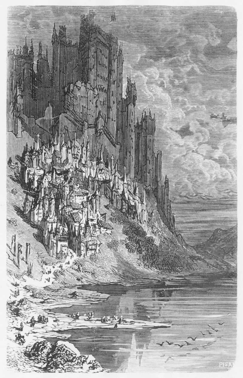 Fantázia tájkép várossal és kastéllyal, illusztráció Honore de Balzac (1799-1850) "Les Contes Drolatiques" című művéből. alkotó: Gustave Dore