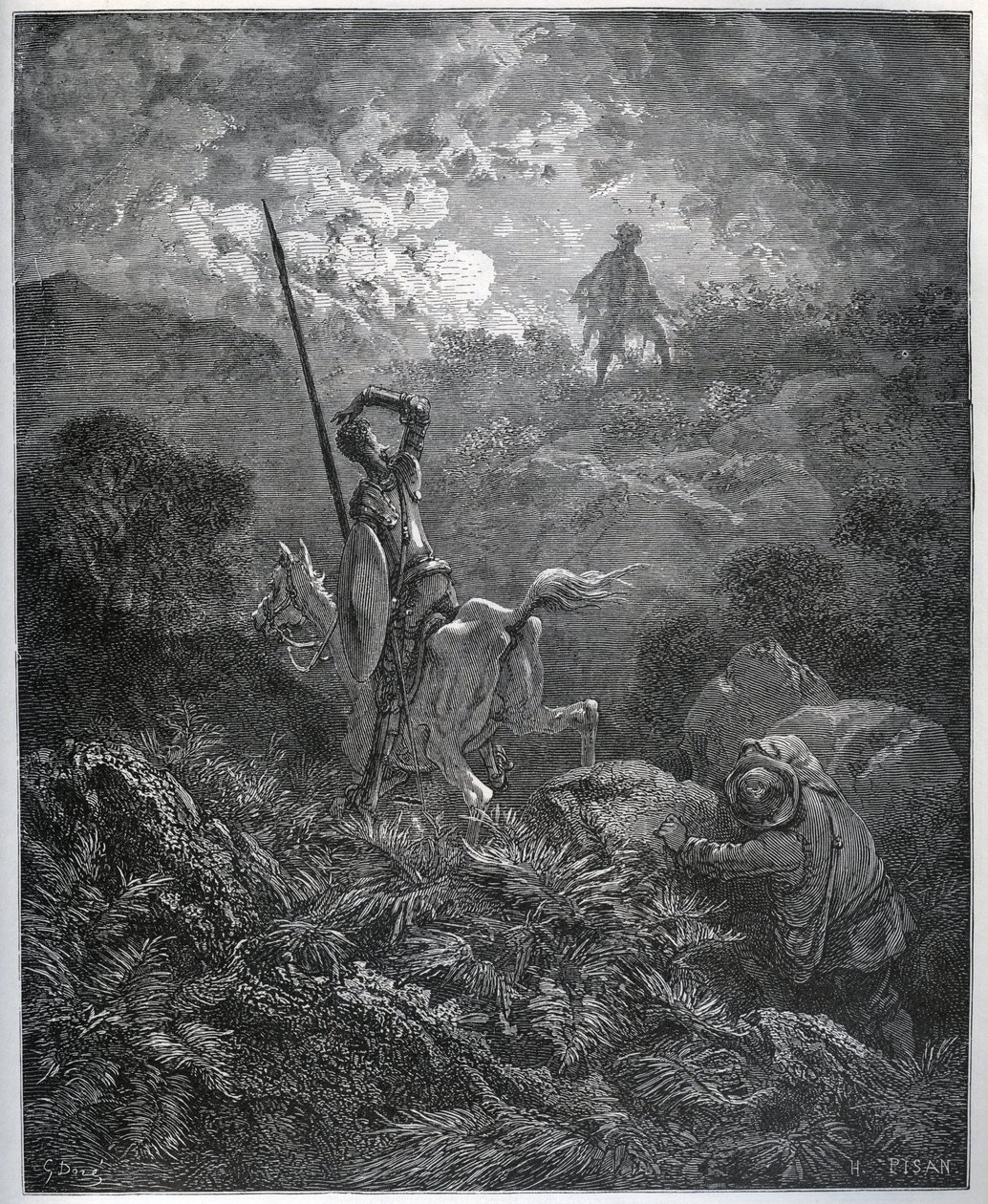 A Deguenille-de-la-Malaise-Mine első megjelenése – Miguel Cervantes (1547-1616) „Don Quijote de la Mancha” című művéből (Don Quijote) – Gustave Dore rajza alapján készült fametszet alkotó: Gustave Dore