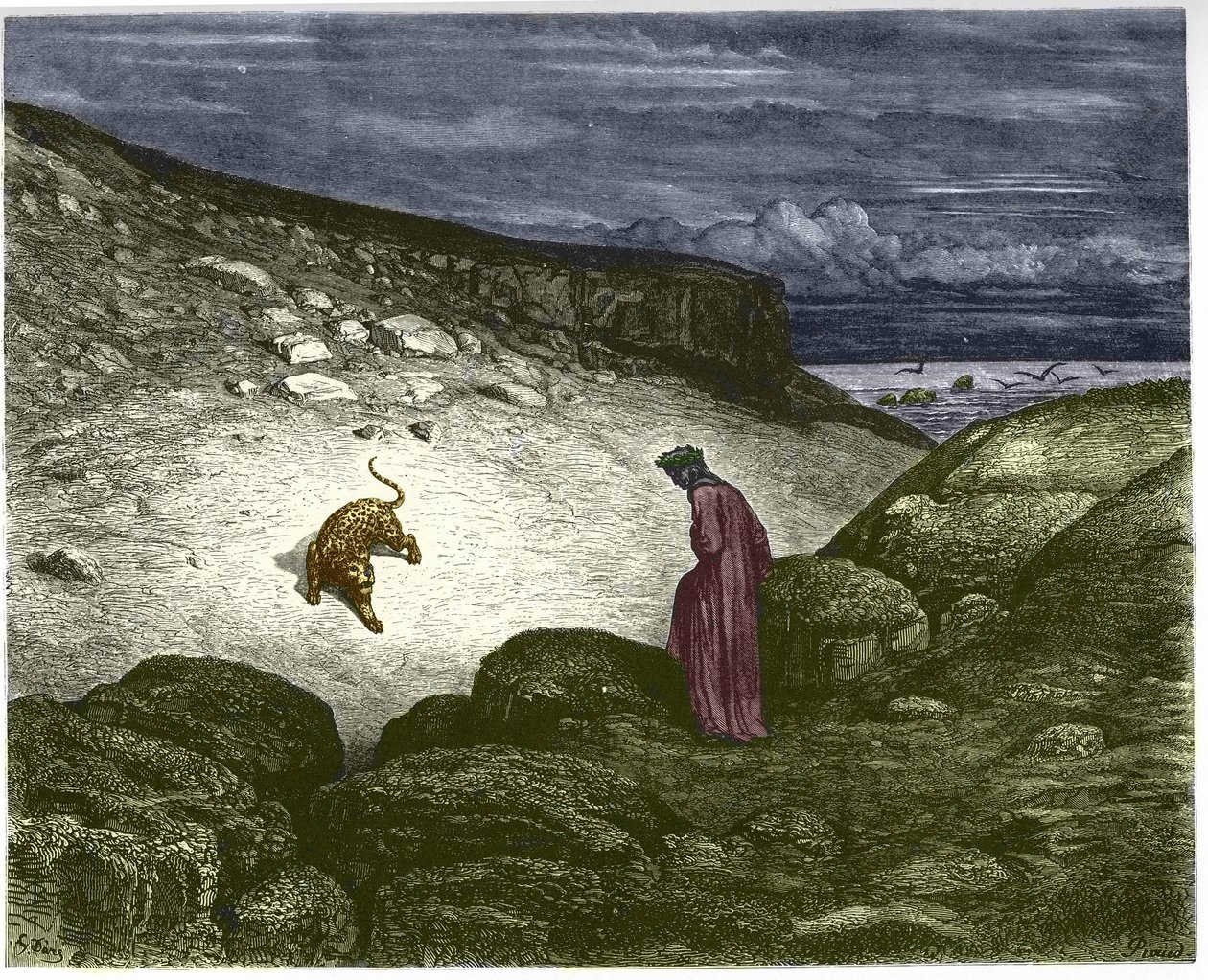 A Pokol első dala, egy párduc ellenzi Dante átvonulását. Illusztráció: Gustave Dore alkotó: Gustave Dore