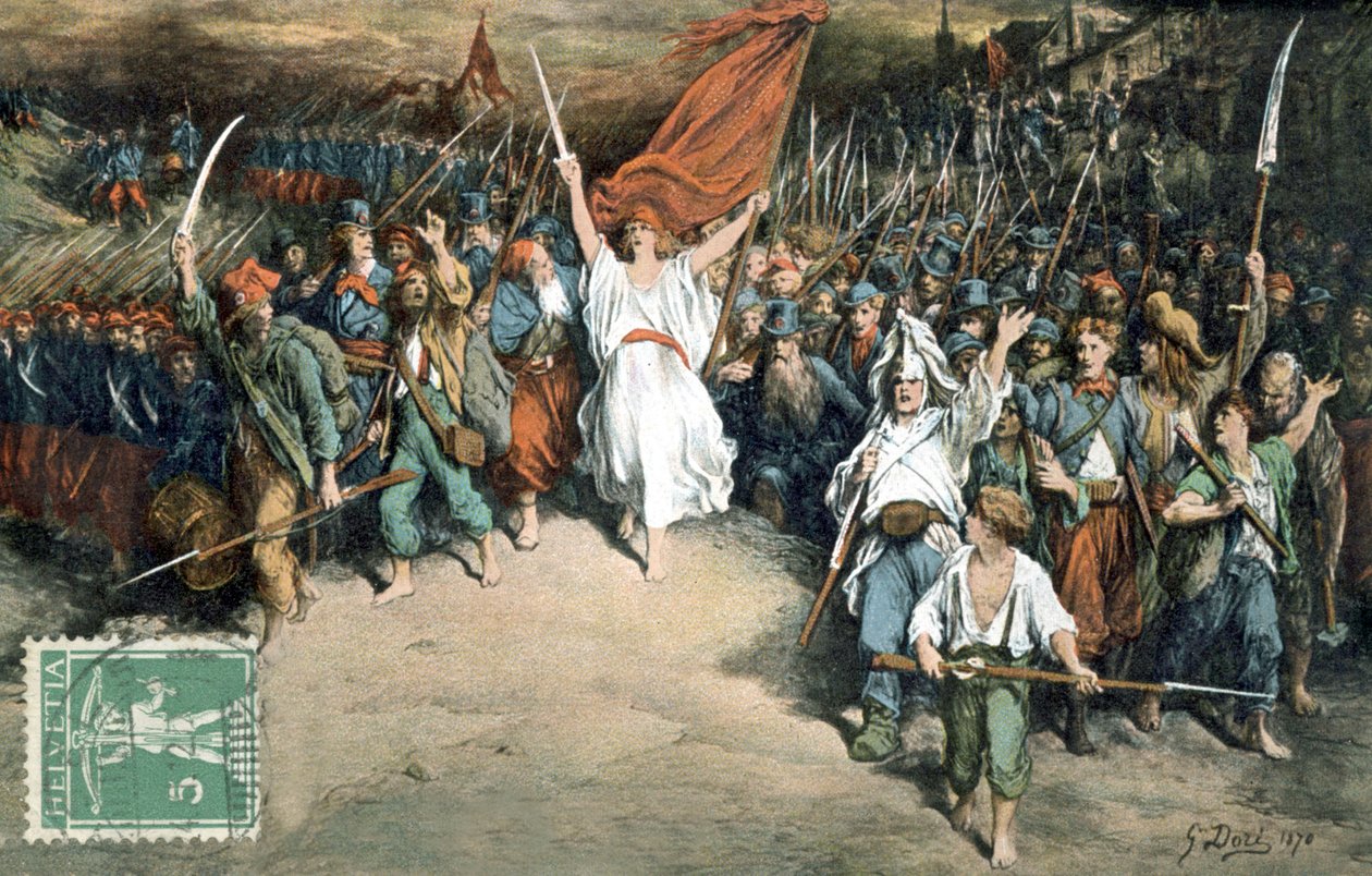 A francia köztársaság a francia népet a poroszok elleni harcba vezeti, Gustave Dore rajza (1870), képeslap alkotó: Gustave Dore
