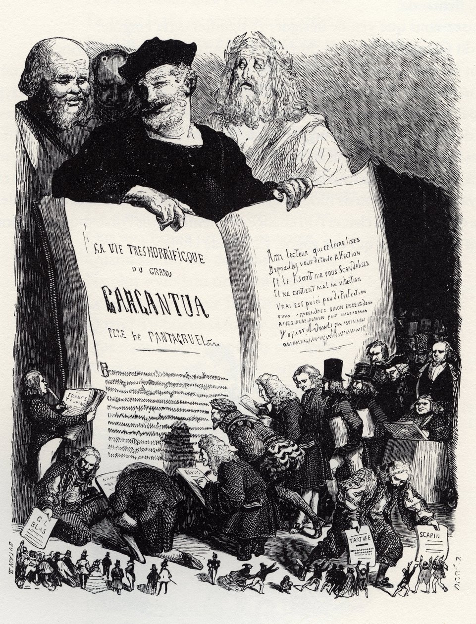 Az 1854-es kiadás frontispice - Ókori és modern írók társaságában Rabelais bemutatja második regényét - a 