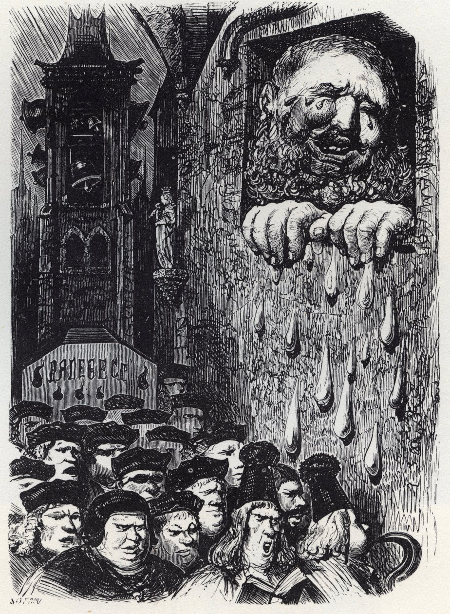 Gargantua gyászolja feleségét - Gargantua gyászolja feleségét - illusztráció a "Gargantua és Pantagruel" című művéből, Francois Rabelais - metszet: Gustave Dore (1832-1883) alkotó: Gustave Dore