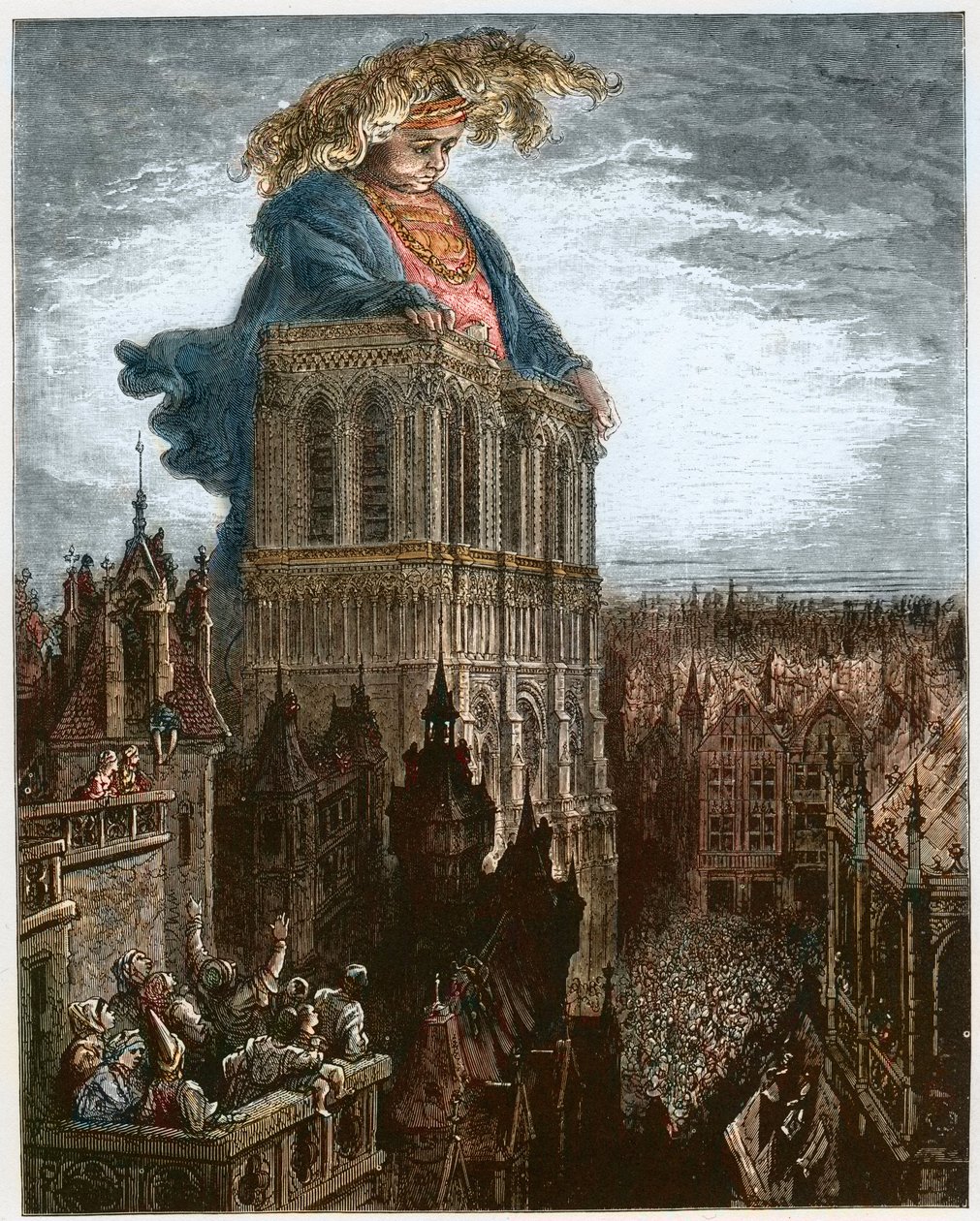Gargantua a párizsi Notre-Dame tornyain - Gargantua a párizsi Notre-Dame templom tornyain nyugszik - illusztráció a "Gargantua és Pantagruel" című művéből, Francois Rabelais - metszet Gustave Dore (1832-1883) alkotó: Gustave Dore