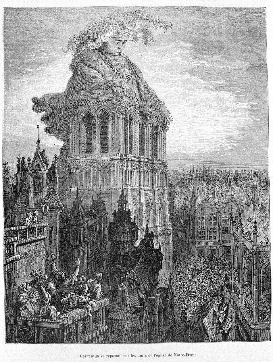 A Szűzanya-templom tornyain nyugvó gargantua. Metszet François Rabelais (1483-1553) Gargantua című műve után alkotó: Gustave Dore