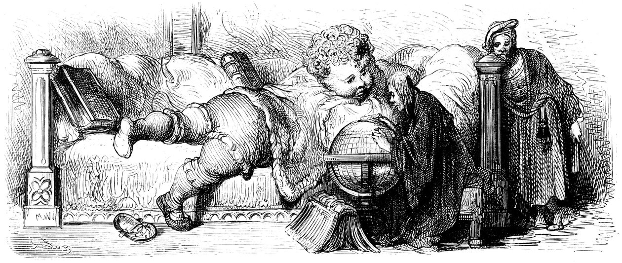 Gargantua nevelése: az óriás, még gyermekként, az ágyán fekszik, és tanáraival egy földgömböt tanulmányoz. Gustave Dore illusztrációja Francois Rabelais művéhez. alkotó: Gustave Dore