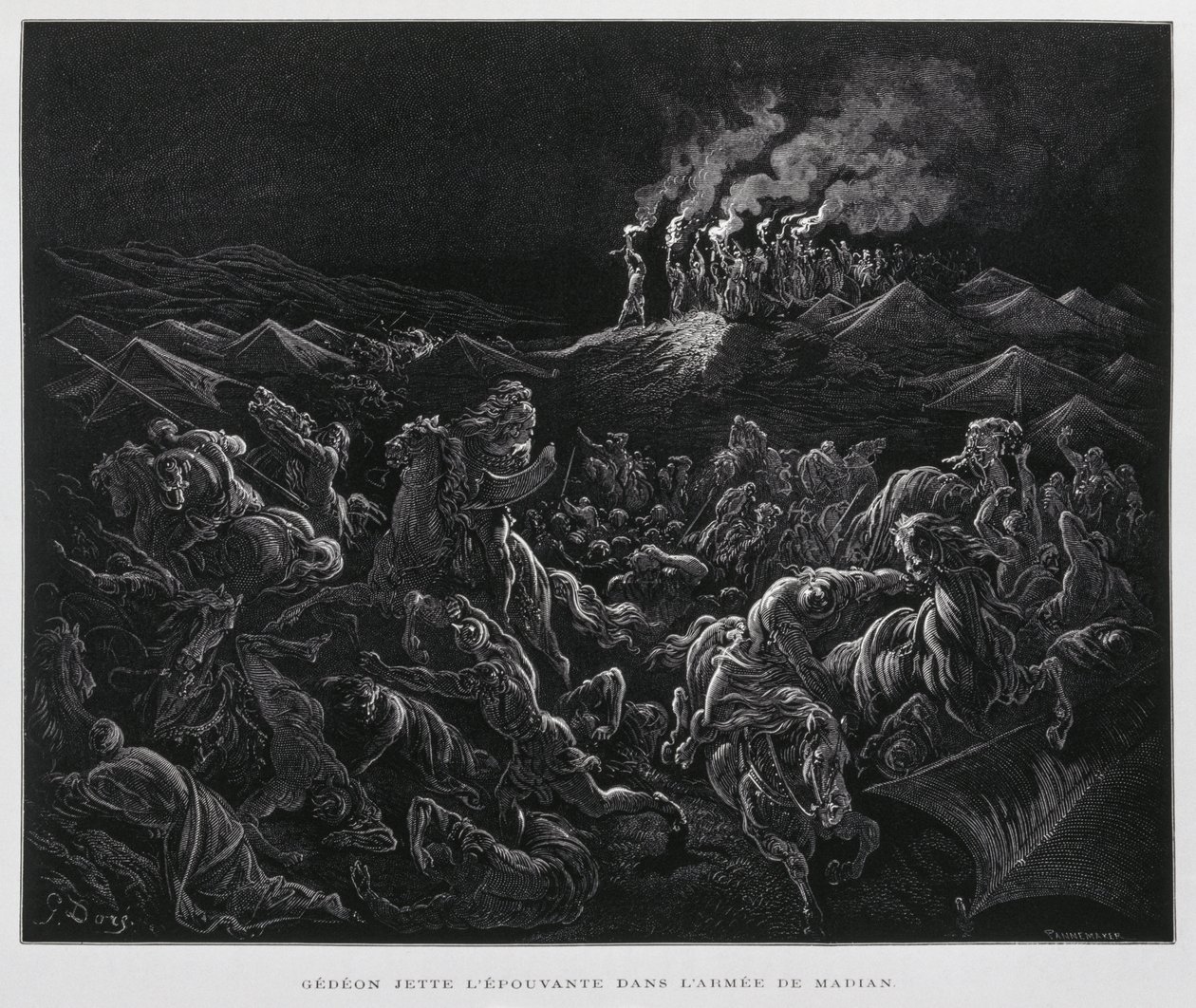 Gedeon éjszaka támadja meg a midianitákat, Illusztráció a Dore Bibliából. alkotó: Gustave Dore