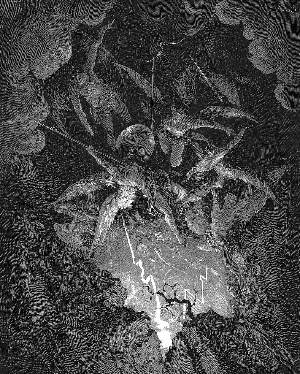 Gustave Dore illusztrációja John Milton Elveszett Paradicsom (1667) VI. könyvéhez, az ember bukását dramatizáló epikus költeményéhez. A lázadó angyalok a mennyei fal résén át a pokolba zuhannak. Fametszet 1866 alkotó: Gustave Dore
