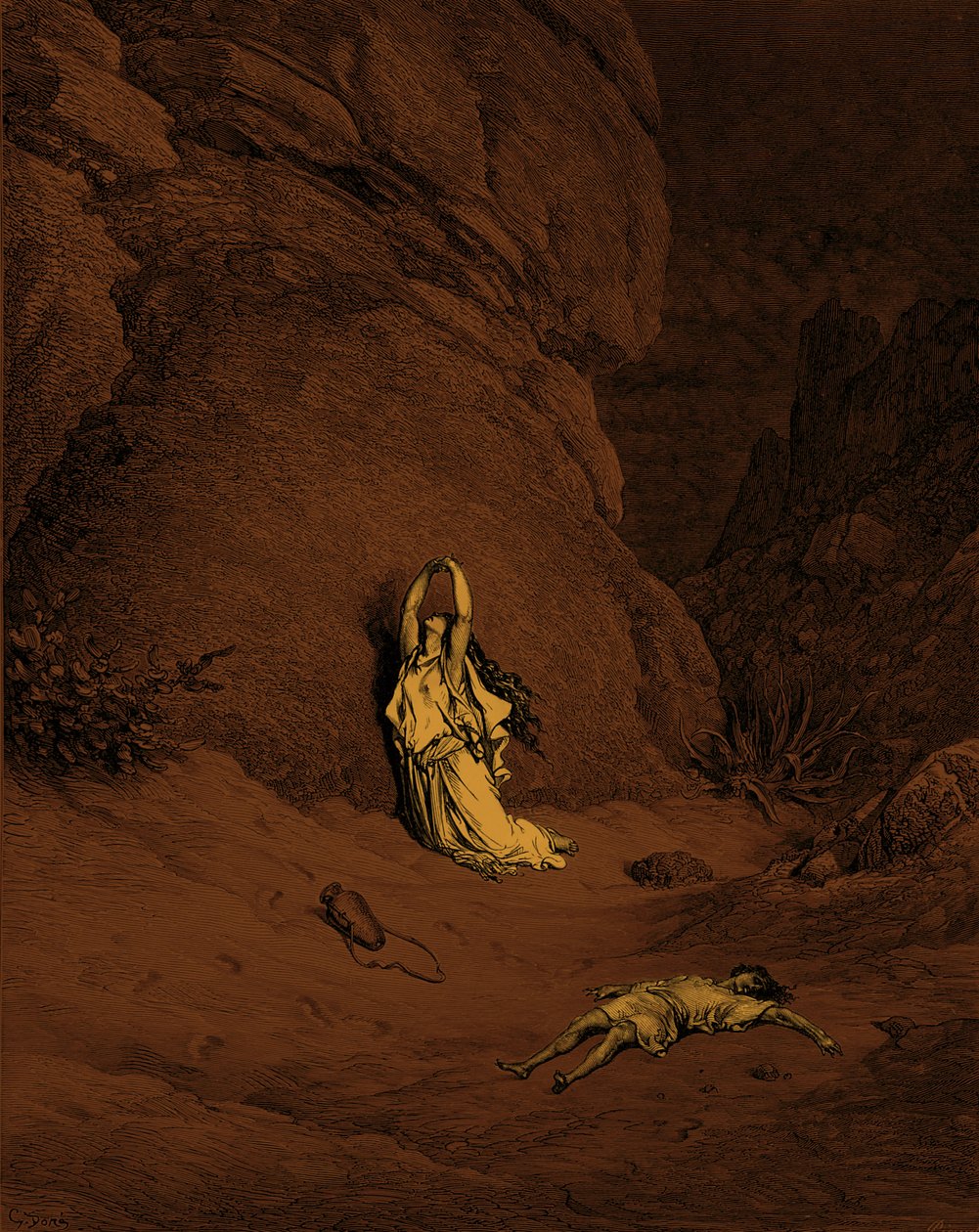 Hágár és Izmael, Doré metszete. - Biblia alkotó: Gustave Dore