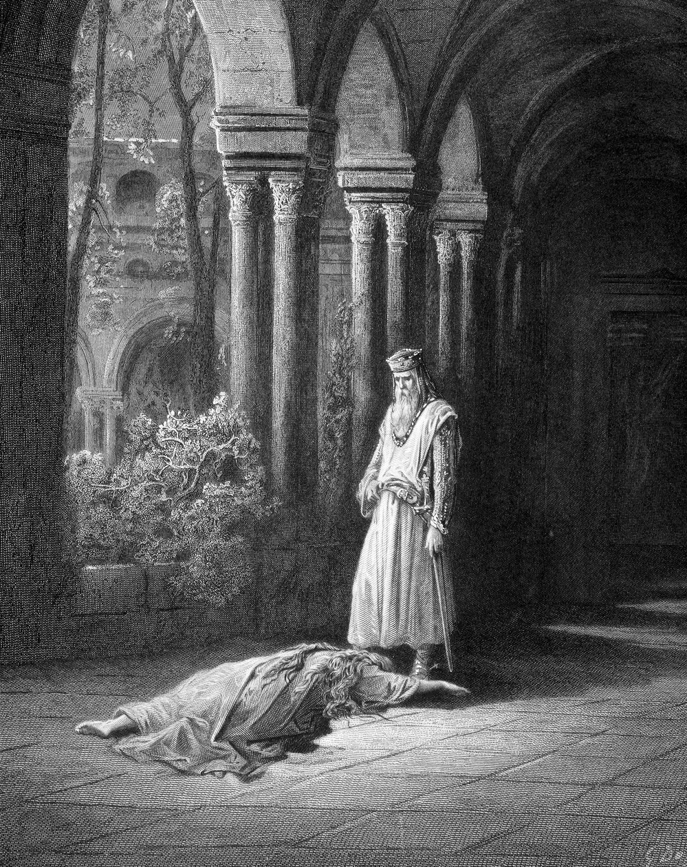 Megállt: a királynő kissé feléje vonszolta magát, kezét férje (Junièvre és Arthur király) lábára tette – Alfred Tennyson „Boróka” című művében, ill. szerző: Gustave Doré Paris, Librairie Hachette et Cie alkotó: Gustave Dore